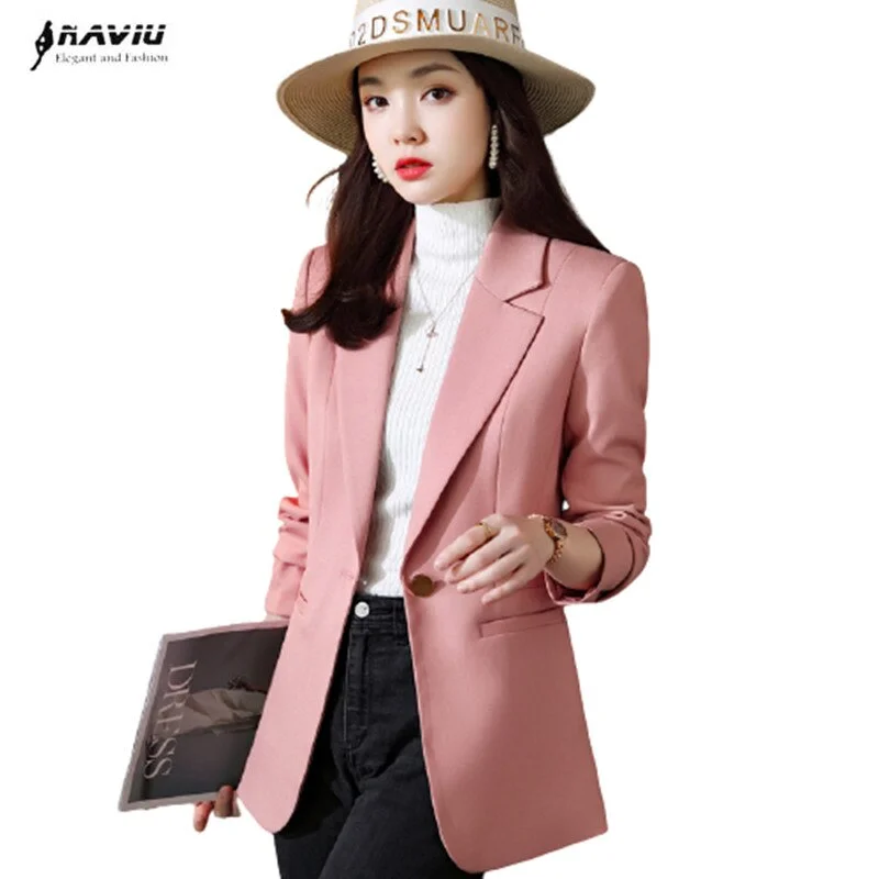 Pink Long Sleeve Blazer Women Spring Temperament Casual Slim Jacket Office Ladies Work Coat Black