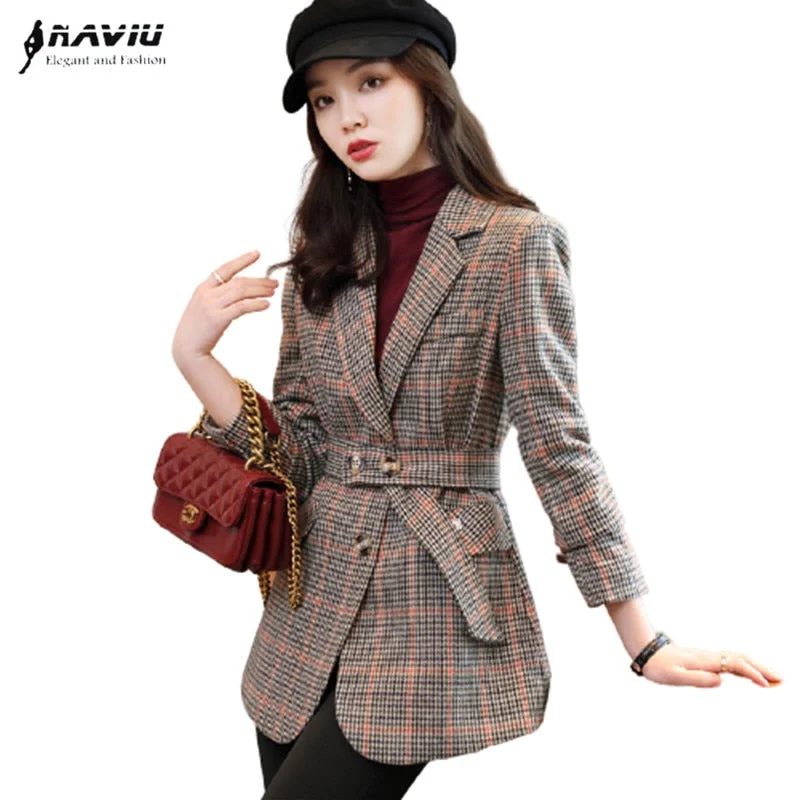 Plaid Blazer Women Winter 2022 Casual Formal Long Sleeve Slim Jacket Office Ladies Work Coat