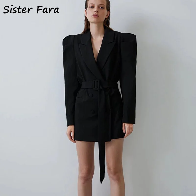 Sister Fara 2022 Autumn Winter Long Puffy Sleeves Blazer Coat Women's Lace Up Jacket Ladies Elegant Loose Solid Casual Blazers