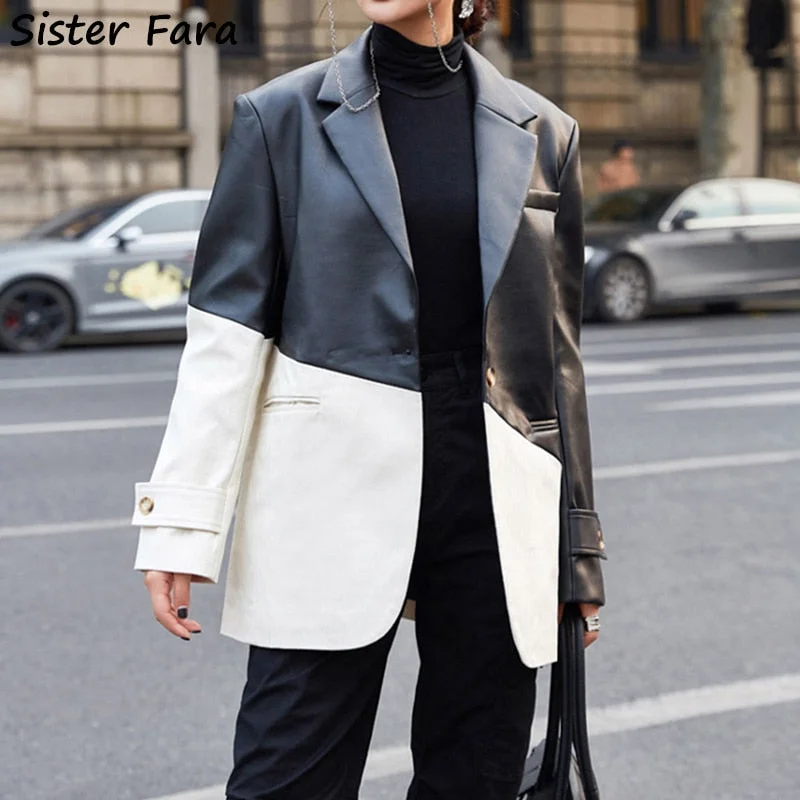 Sister Fara Autumn Winter Patchwork PU Leather Blazer Women's Turn-Down Collar Hit Color Jacket Female Casual Blazers Jacket