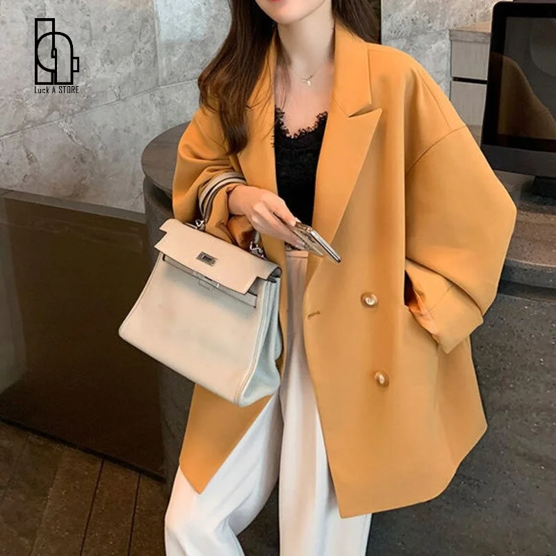 Spring Autumn Women Blazers Jacket Office Ladies Korean Elegant 2022 Orange Yellow Casual Loose Single Breasted Female Blazer