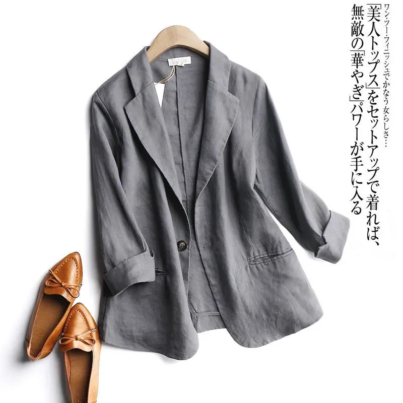 Suit Blazer Basic Cotton Linen Three Quarter Single Button Women's Jacket Spring 2023 Korean Casual Short Jackets Coat