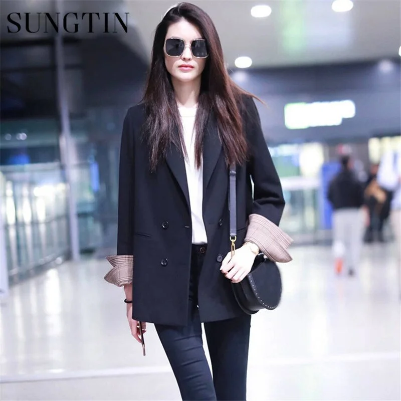 Sungtin 2022 Classic Double Breasted Solid Blazers Women Casual Long Blazer Jacket Office Lady Vintage Suits Coats Female Spring