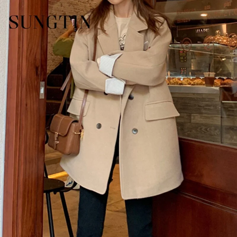 Sungtin Autumn Winter Warm Woolen Blazers Women Office Lady Long Sleeves Loose Jackets Coat Female Korean Casual Outwear