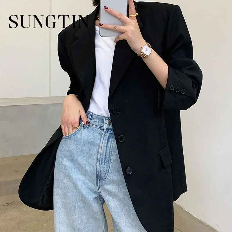 Sungtin Elegant Office Lady Blazer Jacket Women Loose Casual Black Outwear Spring Autumn Suit Blazer Coats 2022 Korean Chic OL