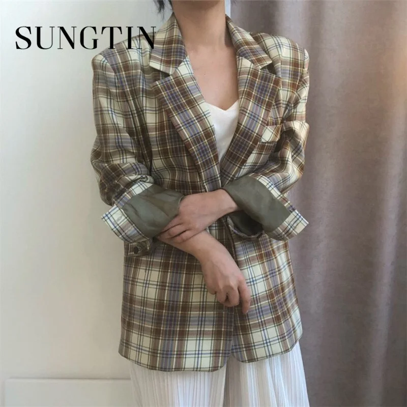 Sungtin Korea Casual Plaid Blazer Jackets Women Office Lady Loose Work Blazer Suit Coat Vintage Elegant Outwear 2 Colors Fashion Women's lightweight summer jackets Sungtin Korea Casual Plaid Blazer Jackets Women Office Lady Loose Work Blazer Suit Coat Vintage Elegant Outwear 2 Colors Fashion Women's lightweight summer jackets