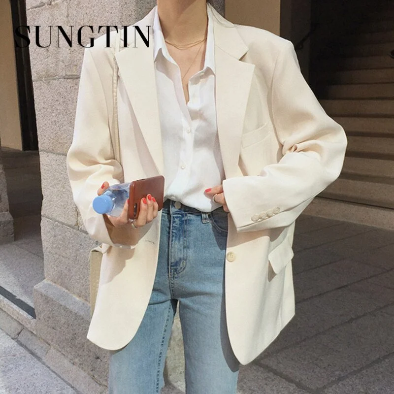 Sungtin Korean Oversize Blazer Coat Women Office Lady Long Sleeves Casual Jacket Coat Female Spring Autumn Chic Clothing