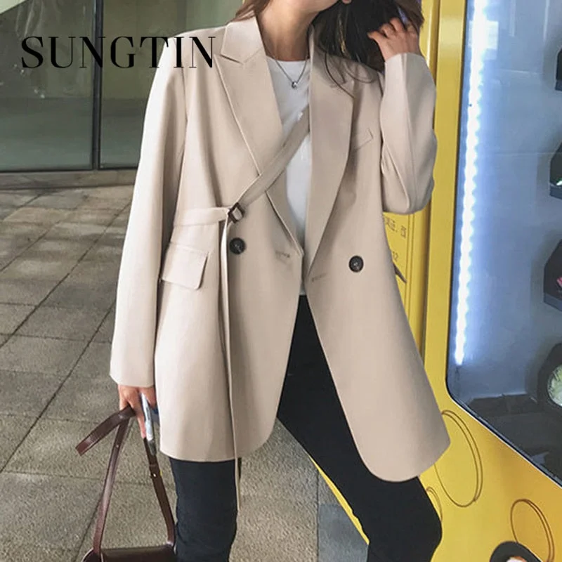 Sungtin Office Lady Blazer Women Vintage Korean Loose Blazer Coats Streetwear Solid Casual Jacket Suit OL with Belt 2022