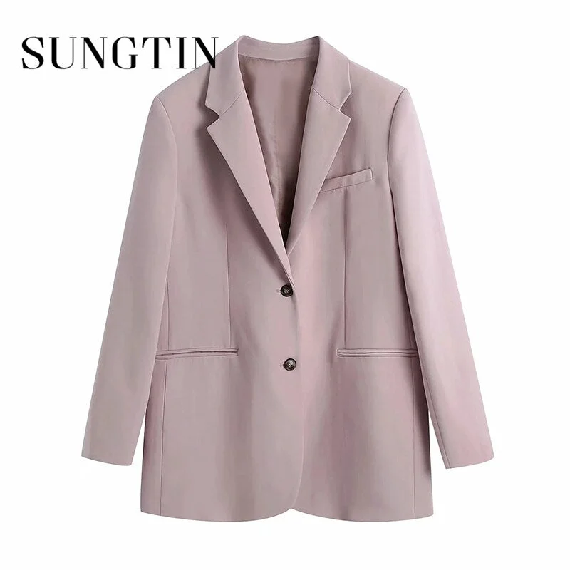 Sungtin Pink Single Breasted Office Lady Blazer Women Korean Loose Elegant Blazer Coats Pink Casual Jacket Suit OL Chic 2022