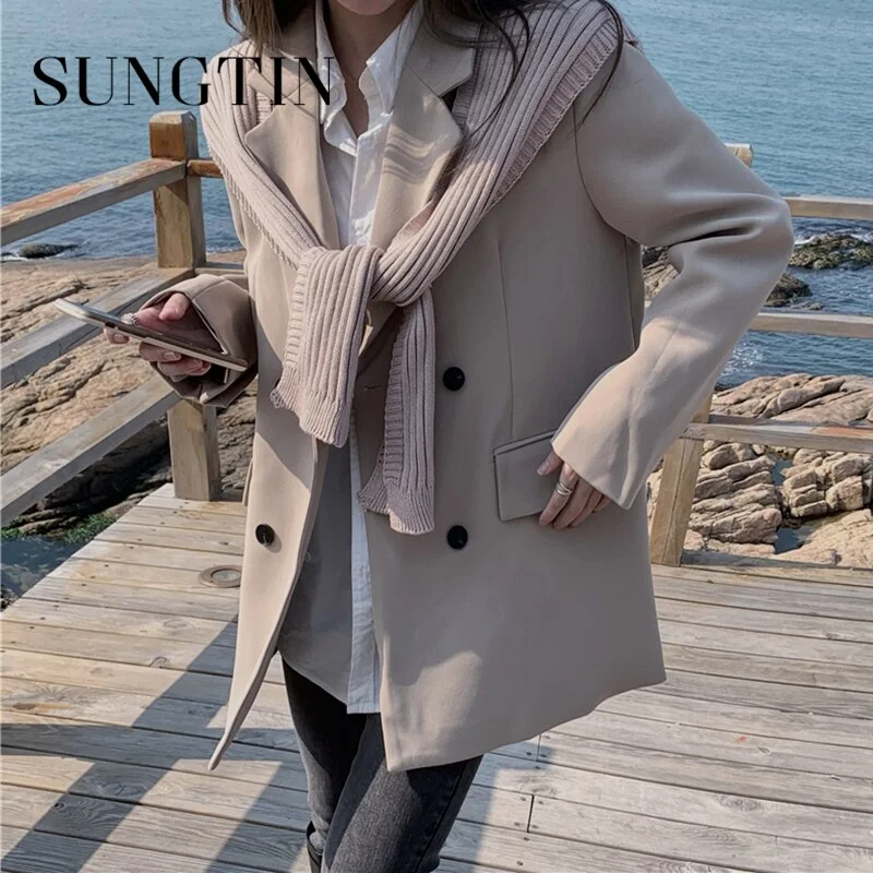 Sungtin Vintage Office Lady Blazer Women Korean Loose Elegant Blazer Coats Solid Double Breasted Casual Jacket Suit OL Chic 2022