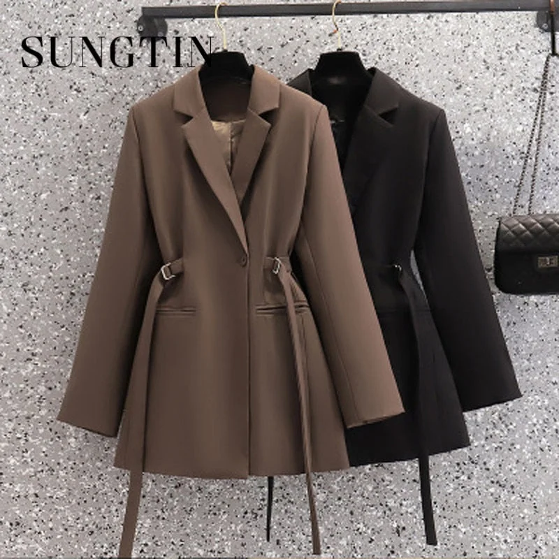 Sungtin Vintage Oversized Blazer Women with Sash Office Lady Elegant Jackets Plus Size Korean Lapel Chic Casual Tops