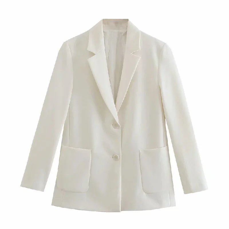 White Straight Blazer Jacket Office Lady 2022 Pockets Elegant Outwear Coat Female Vintage Chic Casual Outwear Tops Lady