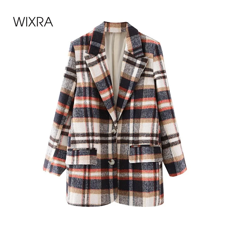 Wixra Womens Vintage Khaki Plaid Blazer Jacket Casual Single-Breasted Stylish Coat High Street 2022 Spring