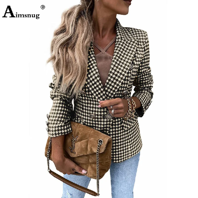 Women Casual Blazers Lapel Collar Jackets Sexy Female Clothing 2023 Spring Vintage Houndstooth Top Outerwear Ladies Skinny Coats