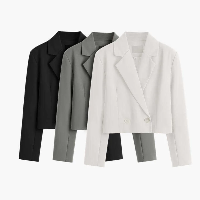 Women Elegant Short Blazer Casual Office Work Vintage Solid Color Long Sleeve Notched Collar Double Breasted Jacket Women's softshell jackets Women Elegant Short Blazer Casual Office Work Vintage Solid Color Long Sleeve Notched Collar Double Breasted Jacket Women's softshell jackets