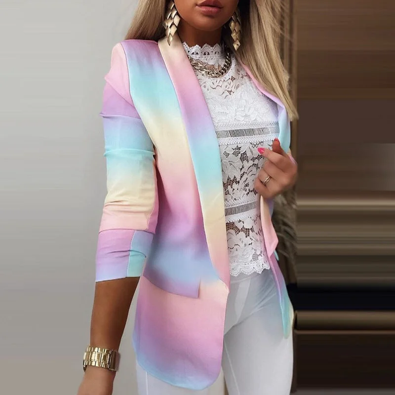 Women Jacket Long-Sleeved Tie-Dye Colorful Oversized Blazers Fall 2023 Workplace Single Button Casual Suits Office Lady