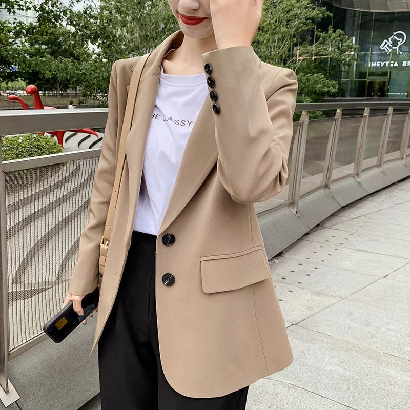 Women Korean Style Casual Streetwear Vintage Long Sleeve Single Breasted Elegant Pocket Coat Loose Suit Jacket Outerwear