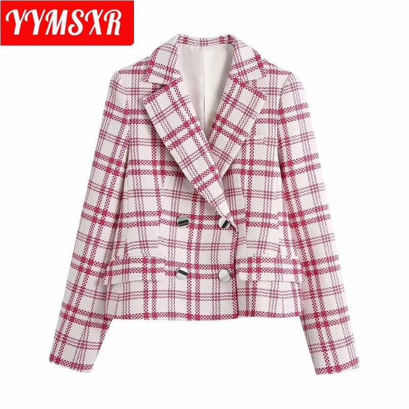 Women's Suit Female Jacket Plaid Double-breasted Temperament All-match Clothes Elegant Slim Casual Top 2022