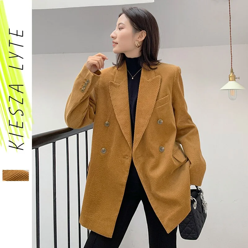 Yellow Corduroy Suit Coat Women Winter Korean Style Loose Casual Velvet Suit Jackets Female Outwear