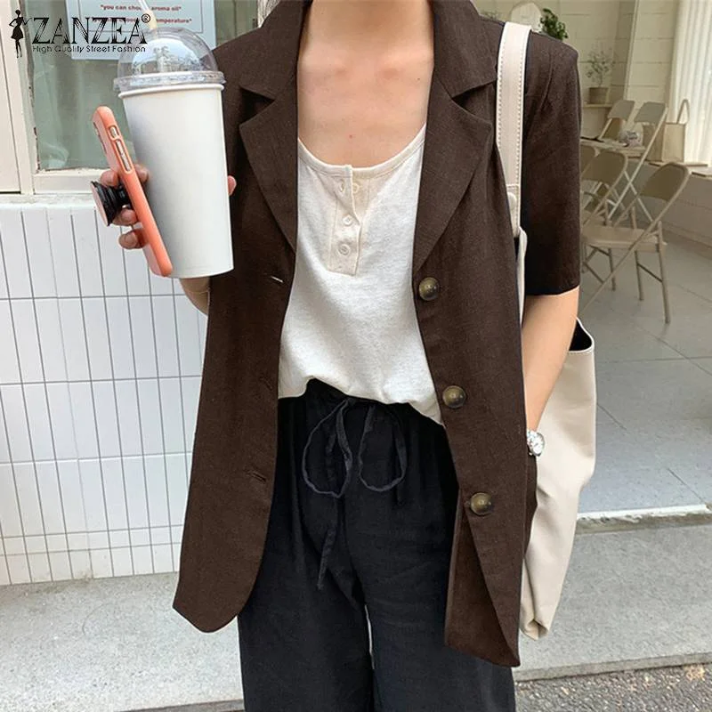 ZANZEA Autumn Femme Clothing Streetwear Blazer Women ELegant Button Jackets Casual Solid Half Sleeve Office Coats Outwear Suits