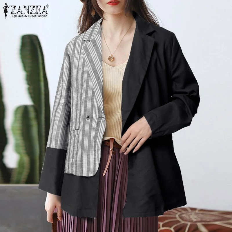 ZANZEA Casual Blazer 2022 Women Patchwork Suit Coat Lady Vintage Cotton Lapel Jackets Autumn OL Oversized Office Outwear