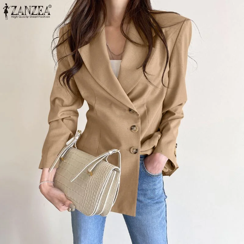 ZANZEA Women's Solid Blazer 2022 Autumn Lapel Coat Office Lady Single-Breasted Cardigan Casual Jackets Female OL Outwear